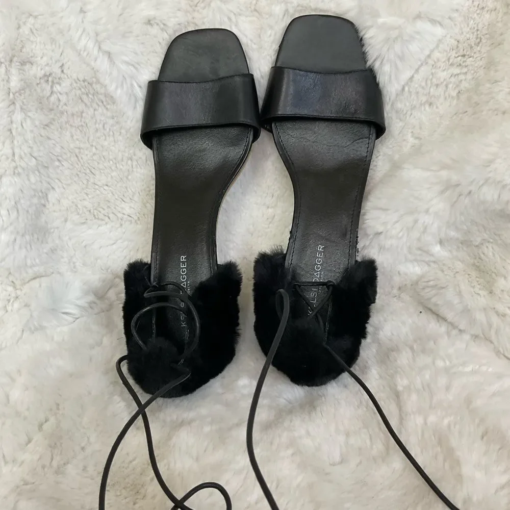 NEW Kelsi Dagger Brooklyn Black Sam Genuine Leather Faux Fur Heel Sandals 9.5